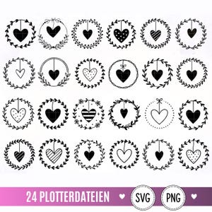 Op de afbeelding: Een verzameling van vierentwintig zwart-wit digitale illustraties met diverse hartvormen hangend in cirkelvormige kransen, bloemenkaders en stippellijnen, met de tekst 24 PLOTTERDATEIEN SVG PNG aan de onderzijde.