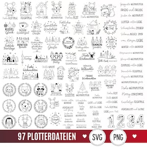 Könnte beinhalten: Eine Sammlung von 97 schwarz-weißen digitalen Illustrationen mit weihnachtlichen Motiven, Winterlandschaften, dekorativen Kränzen und verschiedenen deutschen Festtagsphrasen wie Frohe Weihnachten, Stille Nacht und Frohes Fest.