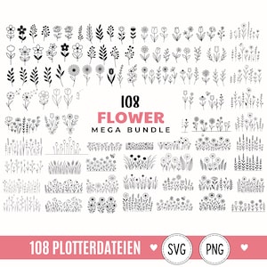 May include: A digital collection of 108 black and white line art flower illustrations, including individual blossoms, stems, and floral arrangements. The text 108 FLOWER MEGA BUNDLE and 108 PLOTTERDATEIEN SVG PNG is displayed in black and pink.