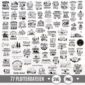 May include: A collection of 77 black and white digital graphic designs featuring camping-themed illustrations of campers, tents, and nature scenes, accompanied by various German phrases related to outdoor travel, adventure, and camping life.