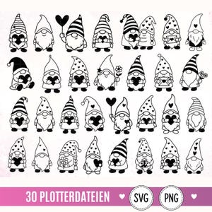 May include: A collection of 30 black and white line art illustrations of gnomes, each wearing a hat and holding items like hearts, flowers, or envelopes. The bottom banner features the text 30 PLOTTERDATEIEN, SVG, and PNG in white.