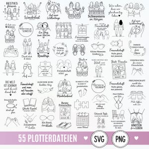 Könnte beinhalten: Eine Sammlung von 55 schwarz-weißen Strichzeichnungen mit verschiedenen Motiven zum Thema Freundschaft, darunter Paare, Herzen, Puzzleteile, Schuhe und deutsche Textphrasen, bereitgestellt als digitale Datei für Bastelprojekte.