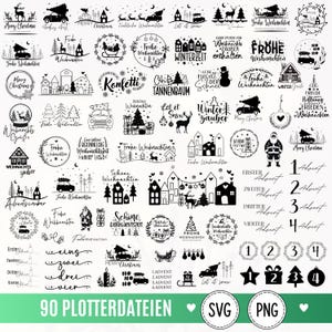 Könnte beinhalten: Eine Sammlung von 90 schwarz-weißen digitalen Grafikdesigns mit Weihnachtsmotiven wie Rentieren, Tannenbäumen, Autos mit Bäumen, Häusern, Schneemännern, dem Weihnachtsmann sowie Texten in Englisch und Deutsch auf einem digitalen Bogen.