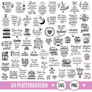 Op de afbeelding: Een verzameling van 64 zwart-wit digitale grafische ontwerpen met diverse Duitse motiverende citaten, zinnen en decoratieve iconen zoals manen, sterren, bloemen en harten, gepresenteerd als een raster van individuele tekstillustraties.