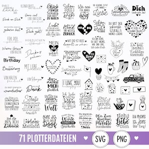 Puede incluir: Una colección de 71 diseños gráficos digitales en blanco y negro con varias frases en alemán sobre amor, amistad y celebración, junto a iconos como corazones, flores, un camión y un cupcake, etiquetados como 71 PLOTTERDATEIEN SVG PNG.