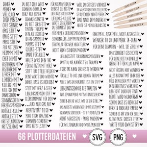 Könnte beinhalten: Eine Sammlung von 66 digitalen Designdateien mit verschiedenen deutschen und englischen Sprüchen, jeweils begleitet von einem kleinen Herz-Symbol. Der Text umfasst motivierende Zitate und Bezeichnungen für Stifte in einer klaren Schrift.