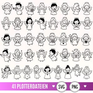Op de afbeelding: Een verzameling van 41 zwart-wit lijntekeningen van engelen in verschillende houdingen, biddend of met harten, sterren of instrumenten. De tekst onderaan luidt 41 PLOTTERDATEIEN SVG PNG.