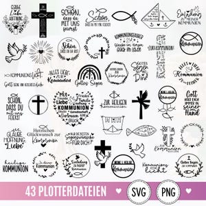 May include: A collection of 43 black and white digital graphic designs featuring religious symbols like crosses, doves, fish, and hearts, along with German text related to communion celebrations, presented as SVG and PNG plotter files.