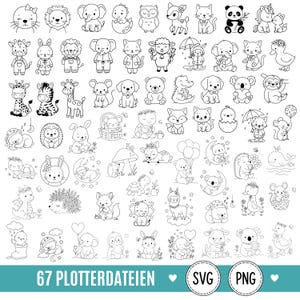 Op de afbeelding: Een verzameling van 67 zwart-wit lijntekeningen met diverse dieren, waaronder olifanten, giraffen, beren, konijnen en schildpadden in verschillende houdingen. De onderste banner bevat de tekst 67 PLOTTERDATEIEN SVG PNG.