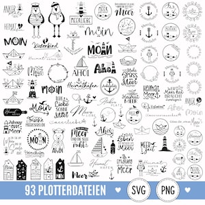Op de afbeelding: Een verzameling van 93 zwart-wit digitale grafische ontwerpen met nautische thema's zoals vuurtorens, ankers, zeilboten, papieren bootjes en meeuwen, vergezeld van Duitse tekstfrasen zoals Moin, Meerliebe en Heimathafen.