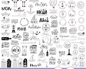 Puede incluir: Una colección de 93 diseños gráficos digitales en blanco y negro con temas náuticos como faros, anclas, veleros, barcos de papel y gaviotas, acompañados de frases en alemán como Moin, Meerliebe y Heimathafen.