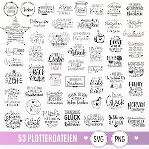 Op de afbeelding: Een verzameling van 53 zwart-wit digitale ontwerpen met diverse Duitse en Engelse zinnen over kerstbakken, koekjes en feestvreugde, gepresenteerd in verschillende typografische stijlen met decoratieve iconen zoals sterren, hartjes en potten.