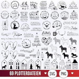 Puede incluir: Una colección de 69 diseños gráficos digitales en blanco y negro con motivos navideños e invernales, que incluyen renos estilizados, caballos de Dalecarlia, árboles decorados, casas, corazones numerados y diversas frases y textos en alemán.