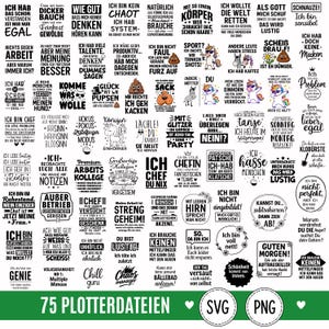Könnte beinhalten: Eine Sammlung von 75 digitalen Grafikdesigns mit humorvollen deutschen Sprüchen, Cartoon-Einhörnern und Kackhaufen-Emojis in schwarzer Schrift. Unten im Bild steht der Text 75 PLOTTERDATEIEN SVG PNG mit zwei kreisförmigen Symbolen.
