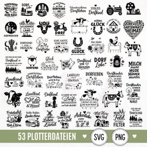 Puede incluir: Una colección de 53 diseños gráficos digitales en blanco y negro con ilustraciones de temática rural y agrícola, que incluyen vacas, tractores, pollos, ovejas, cerdos y frases en alemán sobre la vida en el pueblo, en formato de cuadrícula.