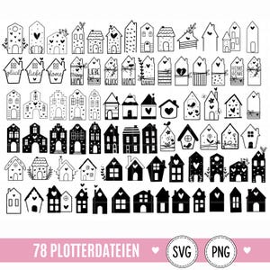 Könnte beinhalten: Eine Sammlung von 78 schwarz-weißen digitalen Illustrationen mit verschiedenen Hausdesigns, Mustern wie Herzen, Blumen und Texten wie glück, liebe, home, happy home und zuhause, bereitgestellt als SVG- und PNG-Dateien für Plottermaschinen.