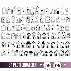 Könnte beinhalten: Eine Sammlung von 84 schwarz-weißen Strichzeichnungen kleiner Häuser, die jeweils mit einzigartigen dekorativen Elementen wie Herzen, Punkten, Blumen und Fenstern versehen sind. Das untere Banner zeigt den Text 84 PLOTTERDATEIEN SVG PNG.