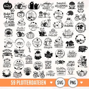 Può includere: Una collezione di 59 illustrazioni digitali in bianco e nero a tema autunnale che includono zucche, ricci, funghi, biciclette, case e stivali, accompagnate da frasi in tedesco come Herbst, Hallo Herbst e Herbstzauber.