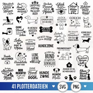 May include: A collection of 41 black and white digital graphic designs featuring various dog-themed illustrations, paw prints, and German phrases about canine companionship, presented as a grid of individual icons for crafting and printing.