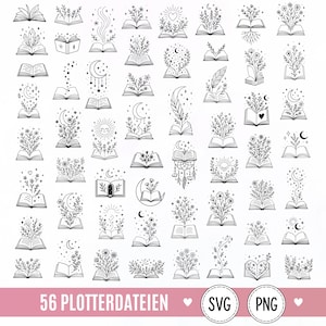 Op de afbeelding: Een verzameling van 56 zwart-wit lijntekeningen met open boeken met diverse botanische, hemelse en mystieke elementen zoals bloemen, manen, sterren en harten. De onderste banner bevat de tekst 56 PLOTTERDATEIEN SVG PNG.