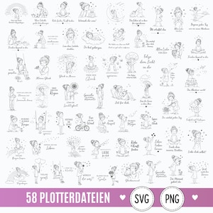 May include: A collection of 58 black and white line art illustrations featuring various scenes of a girl with a bun hairstyle, accompanied by German text phrases. The digital graphics include motifs like rainbows, flowers, swings, and stars.