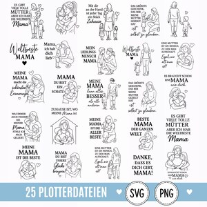 Op de afbeelding: Een verzameling van 25 zwart-wit lijntekeningen met moeders en kinderen in diverse houdingen, vergezeld van Duitse teksten over het moederschap, waaronder 'Weltbeste Mama' en 'Mama du bist ein Schatz', aangeboden als SVG- en PNG-bestanden.
