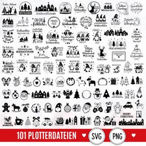 May include: A collection of 101 black and white digital graphic designs featuring Christmas themes including gnomes, reindeer, houses, trees, and holiday text. The bottom banner displays the text 101 PLOTTERDATEIEN SVG PNG.