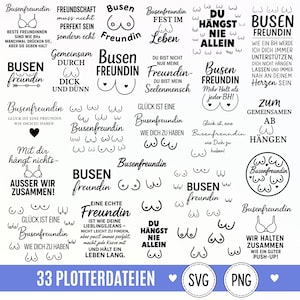 Può includere: Una collezione di 33 disegni grafici digitali in bianco e nero con testo in tedesco e illustrazioni al tratto di seni e reggiseni. I disegni includono varie frasi sull'amicizia, come Busenfreundin, disposte in una griglia.