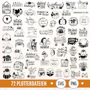 Op de afbeelding: Een verzameling van 72 zwart-wit digitale ontwerpen met herfstthema's zoals pompoenen, paddenstoelen, egels, regenlaarzen en herfstbladeren, voorzien van Duitse teksten zoals Hallo Herbst, Kürbiszeit en Herbstzauber voor creatieve projecten.