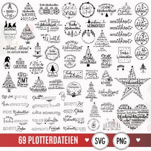 Pode incluir: Uma coleção de 69 designs gráficos digitais em preto e branco com temas de Natal e Advento. O conjunto inclui várias tipografias, ilustrações de gnomos, árvores de Natal, estrelas, velas e guirlandas com frases natalinas em alemão.