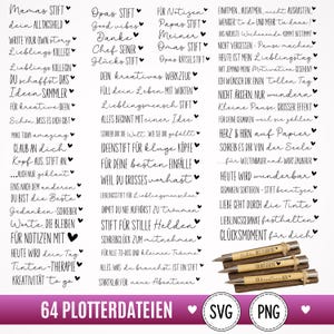 May include: A collection of 64 digital design files in SVG and PNG formats featuring various German phrases and quotes in a mix of script and print fonts, each accompanied by a small heart icon, alongside three wooden pens with engraved text.