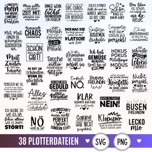 Pode incluir: Uma coleção de 38 designs gráficos baseados em texto preto com várias frases e citações em alemão. A tipografia inclui uma mistura de fontes sem serifa em negrito e fontes script decorativas, dispostas em uma grade sobre um fundo branco.