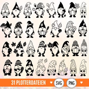 Könnte beinhalten: Eine Sammlung von 31 schwarz-weißen digitalen Illustrationen, die Zwerge mit verschiedenen herbstlichen Accessoires wie Kürbissen, Blättern, Pilzen und Eicheln zeigen. Am unteren Bildrand steht der Text 31 PLOTTERDATEIEN SVG PNG.