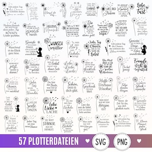 Op de afbeelding: Een verzameling van 57 zwart-wit digitale ontwerpen met paardenbloemillustraties en inspirerende Duitse citaten. Elke afbeelding bevat gestileerde tekst en paardenbloemzaadjes die in de wind waaien, gepresenteerd in een raster.