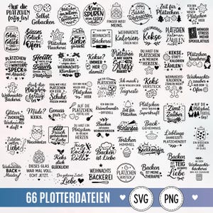 Könnte beinhalten: Eine Sammlung von sechsundsechzig schwarz-weißen digitalen Grafikdesigns mit deutschen Texten zum Thema Weihnachten und Backen, inklusive Illustrationen von Plätzchen, Backutensilien, Vorratsgläsern und weihnachtlichen Symbolen.