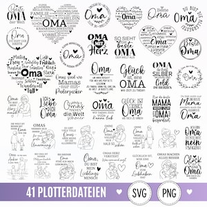 Puede incluir: Una colección de 41 diseños digitales en blanco y negro con texto en alemán e ilustraciones de líneas sobre el tema de las abuelas. Los gráficos incluyen nubes de palabras en forma de corazón, marcos circulares y escenas de abuelas.
