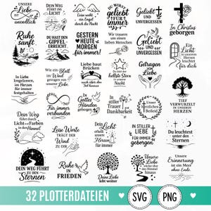 Könnte beinhalten: Eine Sammlung von 32 schwarz-weißen digitalen Designs mit deutschen Trauersprüchen, religiösen Symbolen wie Kreuzen, Tauben und Sternen sowie Naturmotiven wie Bäumen, Blumen und Landschaften, dargestellt als Raster einzelner Grafiken.