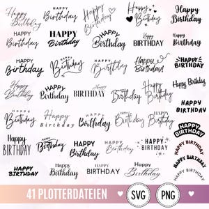 Könnte beinhalten: Eine Sammlung von 41 schwarzen Happy Birthday-Textdesigns in verschiedenen Schriftarten und Stilen, einschließlich Schreibschrift, Serifenschriften und serifenlosen Schriften. Einige Designs enthalten dekorative Elemente wie Herzen, Sterne und geschwungene Layouts.
