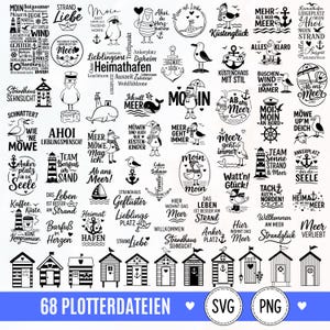 Puede incluir: Una colección de 68 diseños gráficos digitales en blanco y negro con temas náuticos, que incluyen gaviotas, faros, anclas, casetas de playa y varias frases en alemán como Moin, Strandliebe y Ahoi, presentados como archivos SVG y PNG.