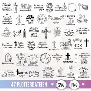 May include: A collection of 47 black and white digital graphic designs featuring religious symbols like crosses, doves, churches, candles, and rainbows with German text phrases related to communion, blessings, and faith for crafting projects.
