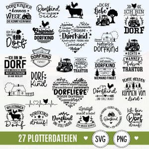 Op de afbeelding: Een verzameling van zevenentwintig zwart-wit grafische ontwerpen met landelijke thema's, waaronder tractoren, boerderijdieren en Duitse teksten zoals Dorfkind, Dorfliebe en Echte Helden, gepresenteerd als digitale bestanden voor snijmachines.