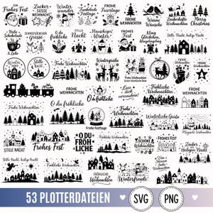 以下が含まれることがあります： クリスマスと冬をテーマにした53種類の白黒デジタルグラフィックデザイン集。サンタクロース、トナカイ、雪だるま、松の木、家などのシルエットや、「Frohe Weihnachten」といったドイツ語のホリデーフレーズが描かれています。