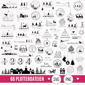 May include: A collection of 66 black and white digital graphic designs featuring Christmas and winter themes. The set includes illustrations of houses, pine trees, reindeer, sleighs, wreaths, and holiday text like Merry Christmas and Frohe Weihnachten.