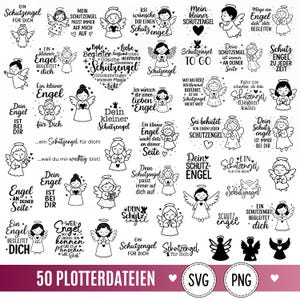 Pode incluir: Uma coleção de 50 designs gráficos digitais em preto e branco com várias ilustrações de anjos da guarda, corações e estrelas, acompanhadas de frases em alemão sobre proteção, amor e orientação, apresentadas como arquivos SVG e PNG.