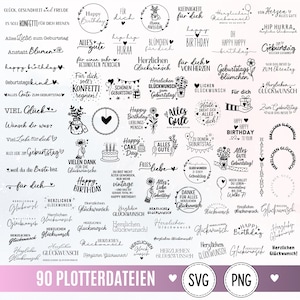 May include: A collection of 90 black and white digital graphic designs featuring various German birthday greetings, celebratory phrases, and illustrations of flowers, cakes, and gifts, presented as a grid of individual text-based art elements.