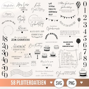 Könnte beinhalten: Eine Sammlung schwarz-weißer Grafikdesigns mit Geburtstagssprüchen auf Deutsch, darunter "Alles Gute zum Geburtstag", "Happy Birthday" und "Herzlichen Glückwunsch", ergänzt durch Illustrationen von Kuchen, Luftballons und Ziffern.