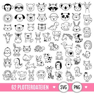 Könnte beinhalten: Eine Sammlung von 62 schwarz-weißen Strichzeichnungen verschiedener Tiere, darunter Affen, Löwen, Elefanten, Hasen und Dinosaurier. Der untere Bereich enthält den Text 62 PLOTTERDATEIEN, SVG und PNG auf einem rosafarbenen Banner.