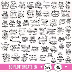 May include: A collection of 59 digital graphic designs featuring black German text phrases about happiness, life, and inspiration, decorated with small butterflies, hearts, and floral elements, presented as a grid of individual quotes on a white background.