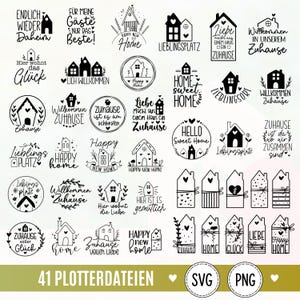 Peut inclure: Un ensemble de 41 motifs graphiques numériques en noir et blanc représentant diverses illustrations de maisons, des éléments floraux décoratifs et des phrases allemandes comme Endlich wieder daheim, Lieblingsplatz et Zuhause, au format SVG et PNG.