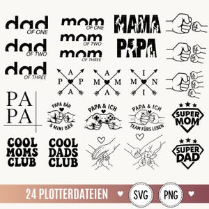Op de afbeelding: Een verzameling van 24 zwarte grafische ontwerpen met tekst en illustraties over ouders en kinderen. De elementen bevatten vuistjes, pijlen, harten, gamecontrollers en teksten zoals Dad of One, Mom of Three, Papa en Cool Moms Club.